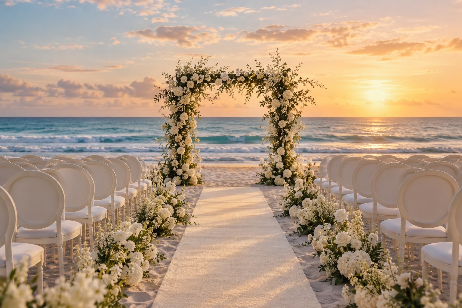 Illustrative concept of an intimate floral beach wedding ceremony