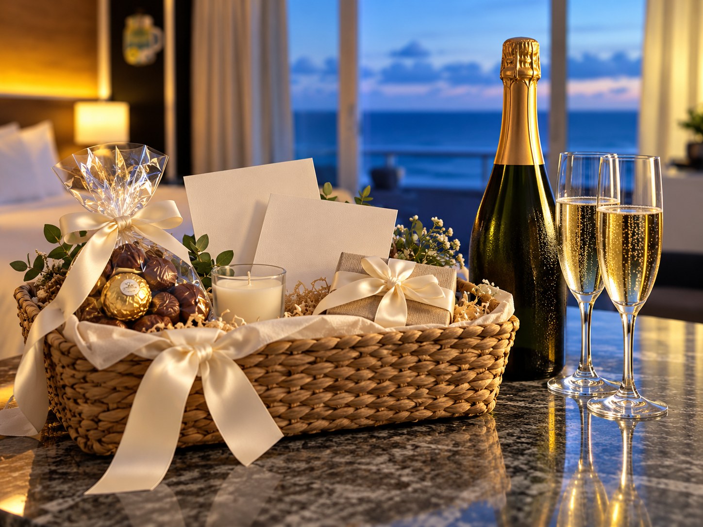 Couples welcome basket and celebratory bottle · AI styling preview