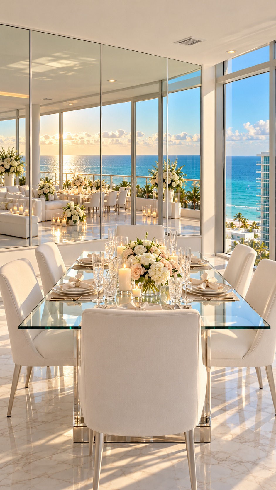 Glass dining table with modern white chairs and a mirror reflecting an elegant oceanfront penthouse event setting · AI styling preview