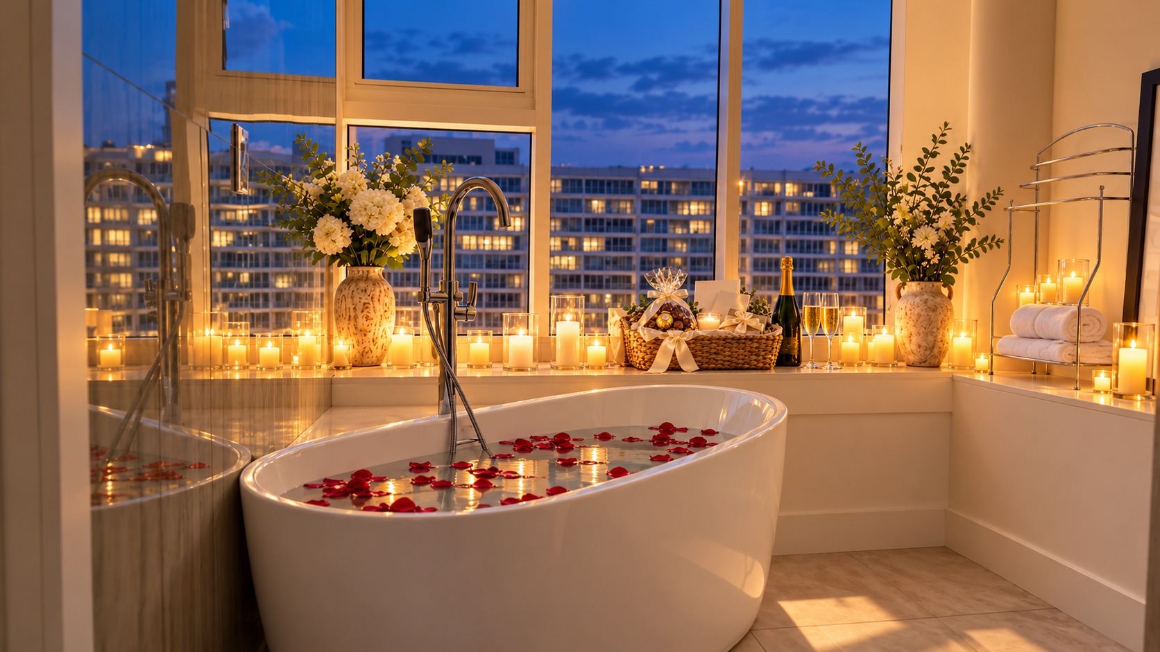 Penthouse Paradise soaking tub filled with water and rose petals, glowing candles, champagne and a gift basket against evening city lights · AI-styled photo