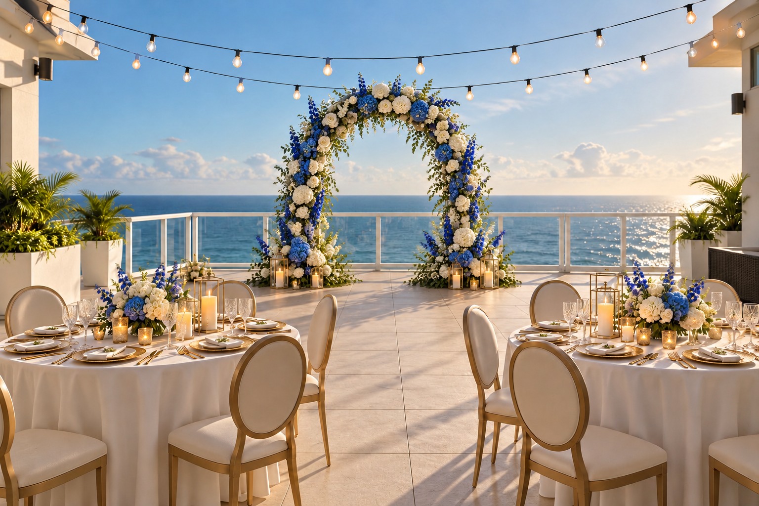 An AI-created styling concept with an oval blue-and-white floral arch and oceanfront table settings. A little inspiration for your own celebration.